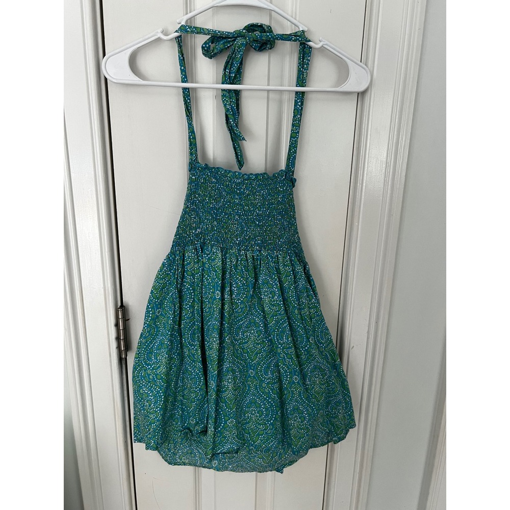 Flowers Green Blue Paisley Cotton Smocked Halter Top Large Tie Back Boho